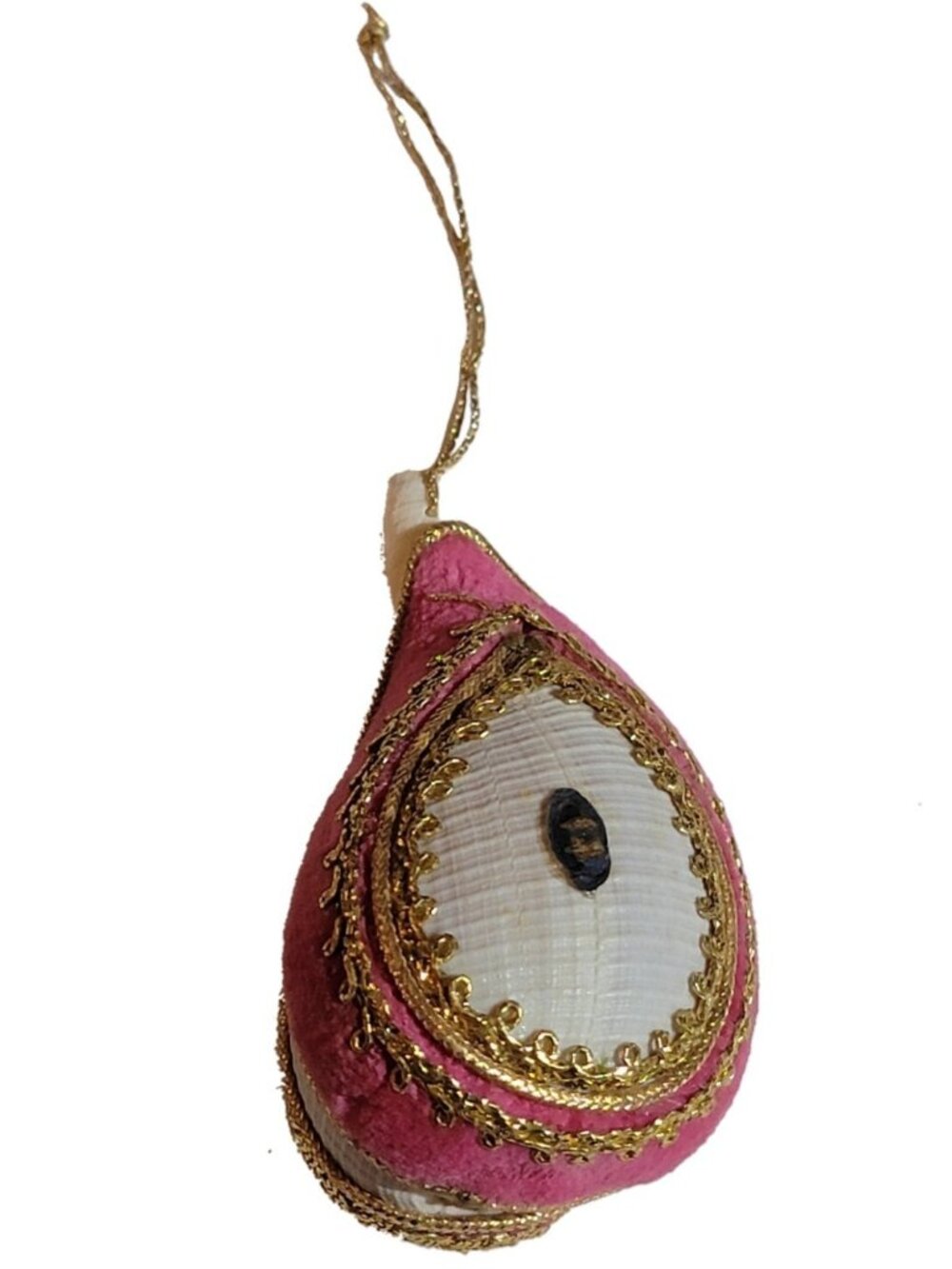 Vintage Pink Velvet Decorated Shell Christmas Ornament Kitsch Mid Century